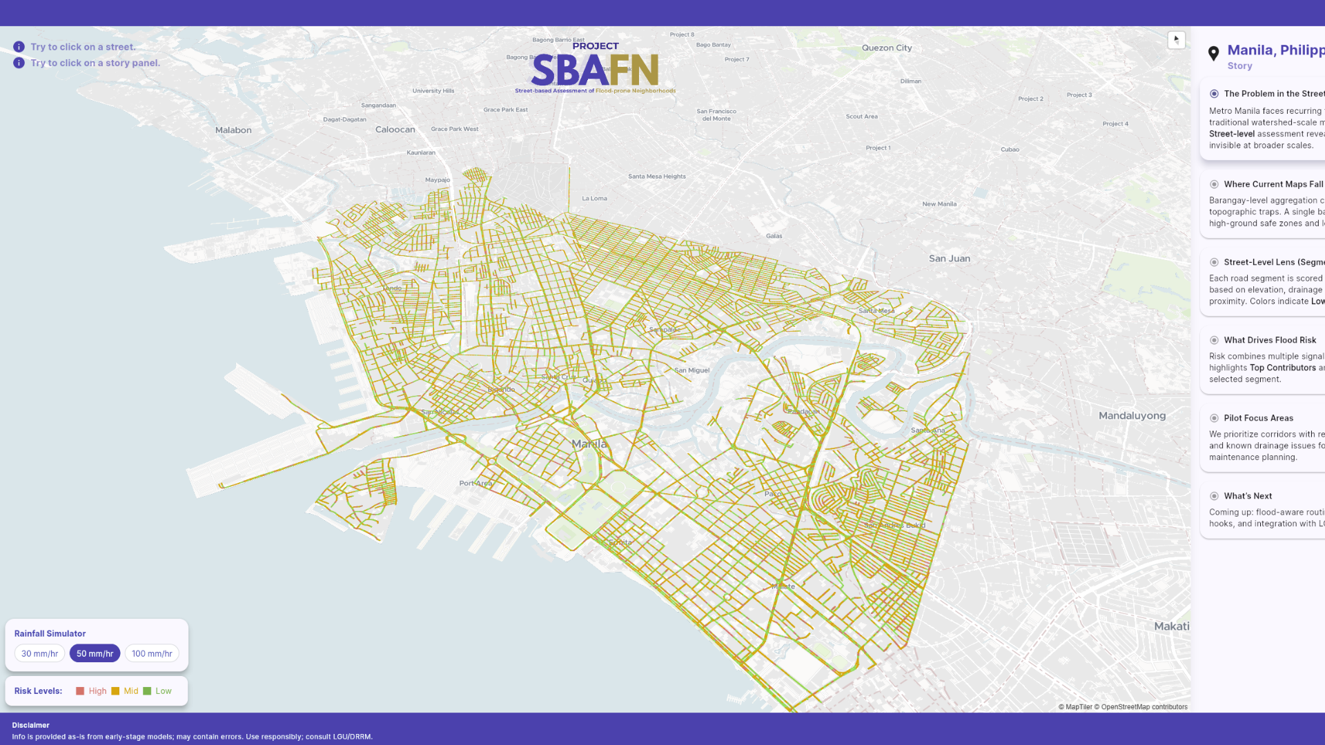 Project SBAFN map showing street-level flood-proneness scores in Manila